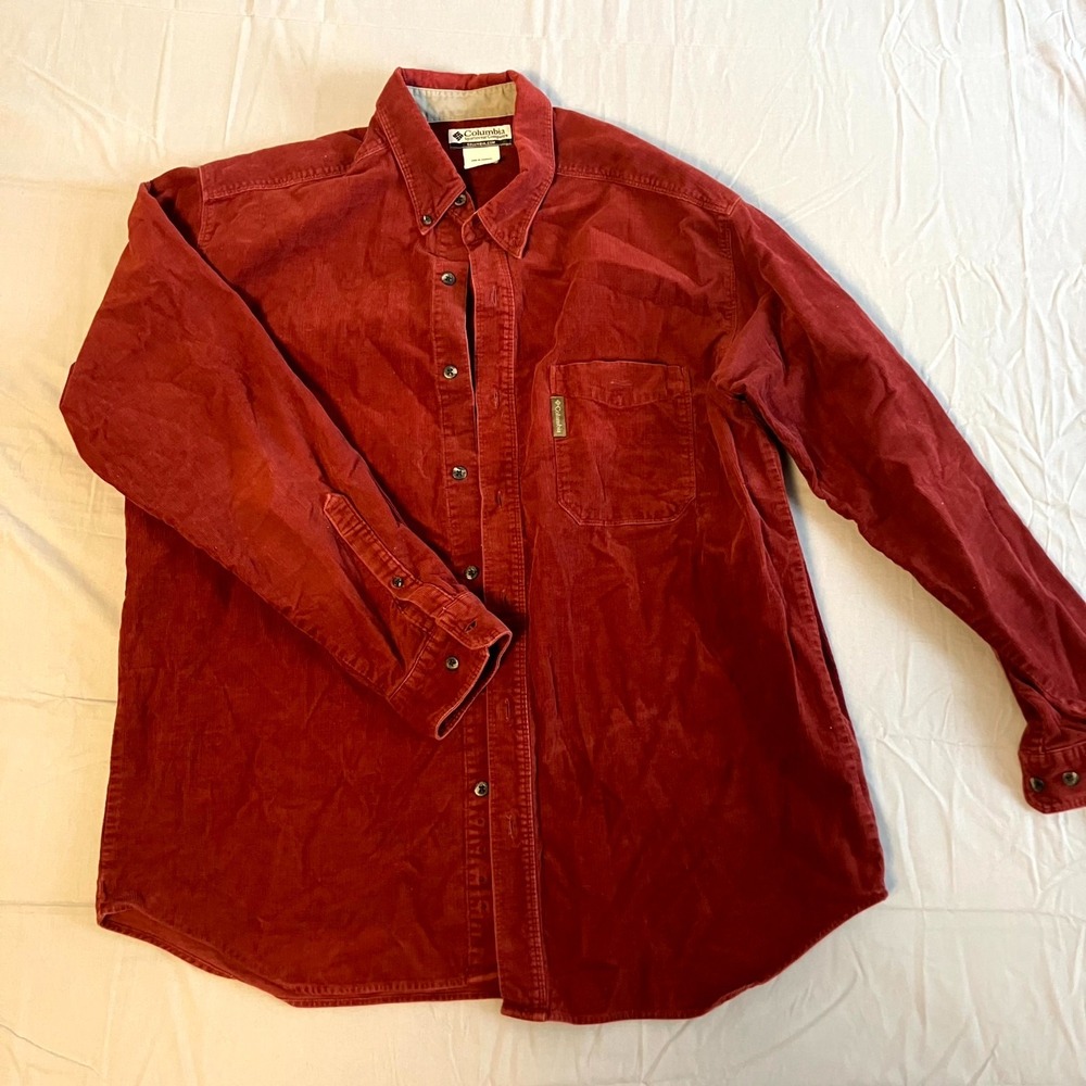 Columbia Sportswear Corduroy Shirt Mens XL Maroon‎ Pleated Button Down Outdoor